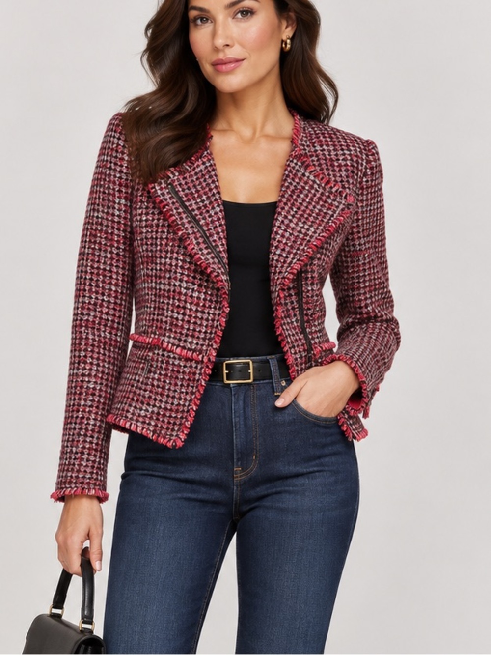 White House Black Market Womens 4 Tweed Moto Jacket Red Black Fringe Metallic